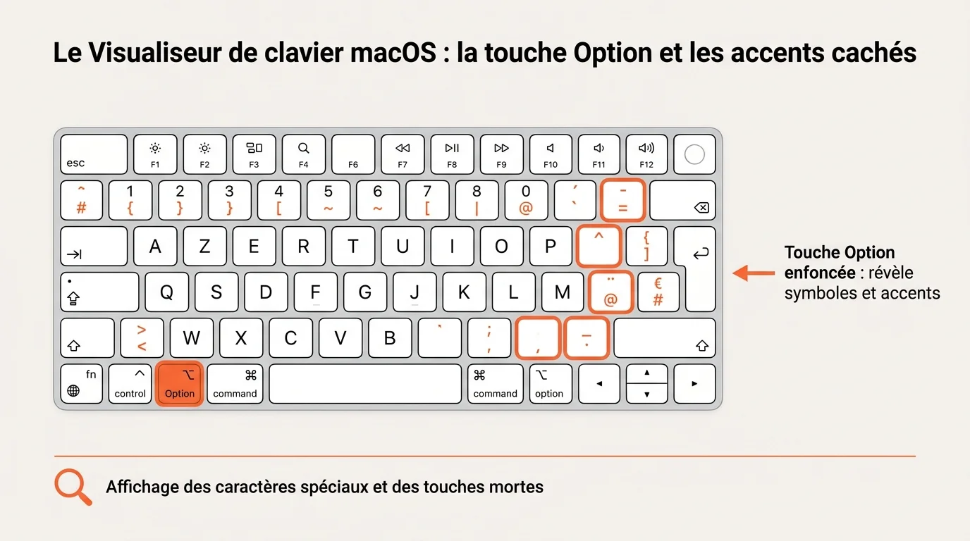 Visualiseur de clavier macOS révélant la couche Option et les touches accentuables en orange