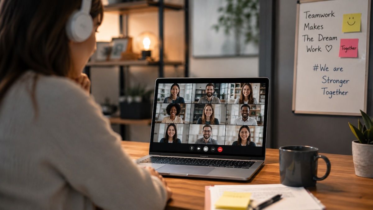 Collaboratrice en visioconférence avec son équipe à distance depuis son bureau