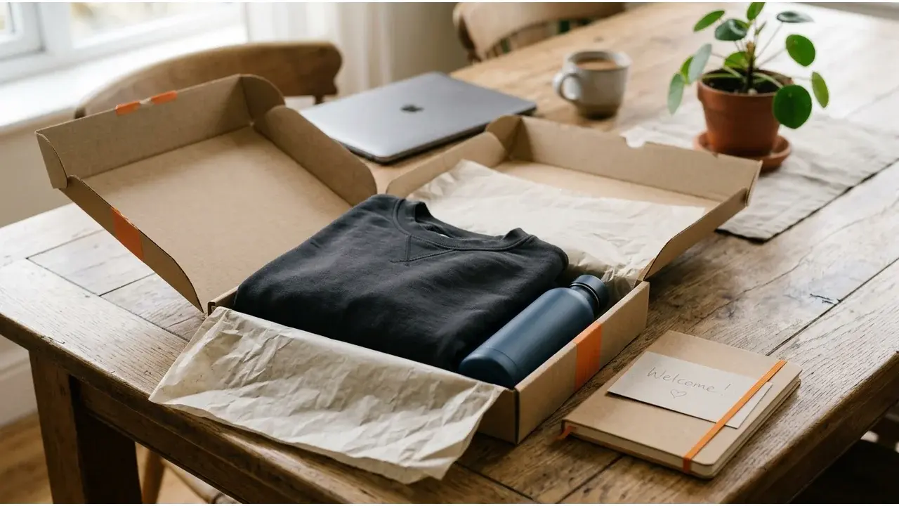 Pack d'accueil ouvert sur une table avec sweat, gourde, carnet et mot manuscrit