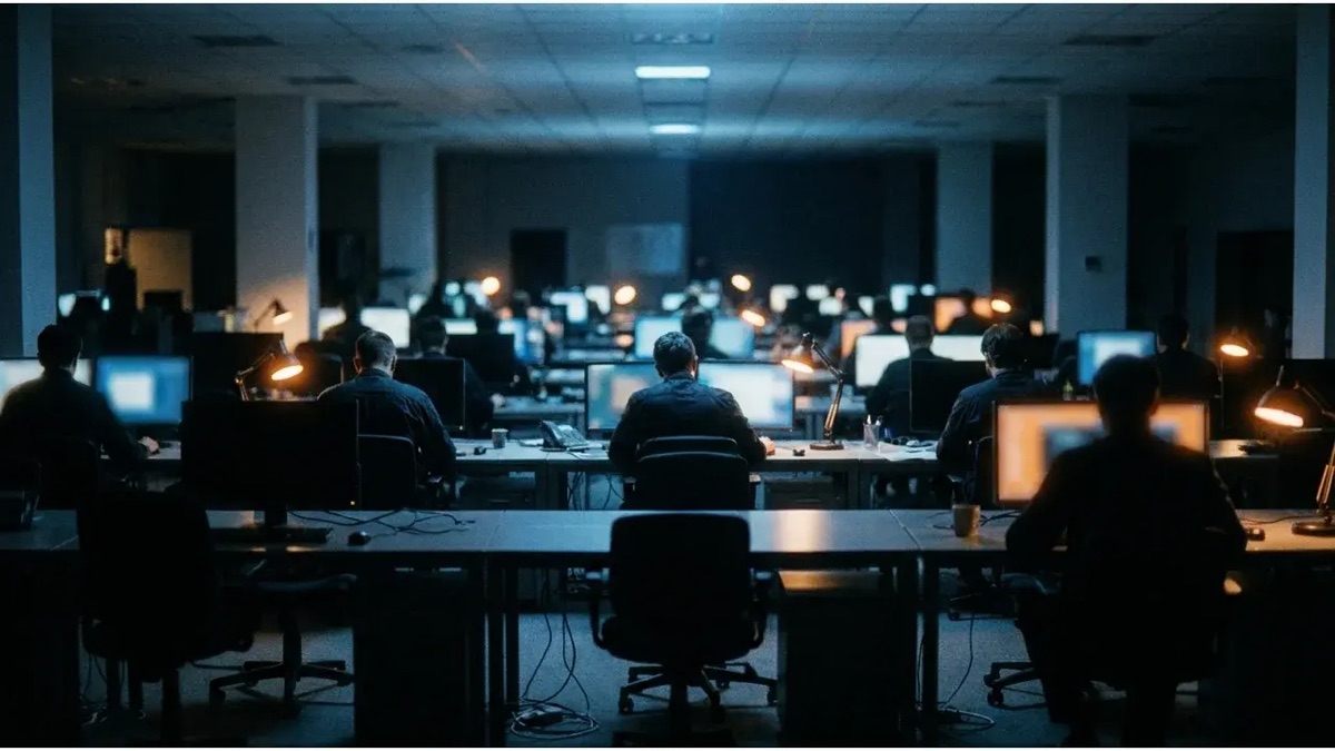Open space plonge dans la penombre ou des operateurs alignes travaillent devant des ecrans allumes