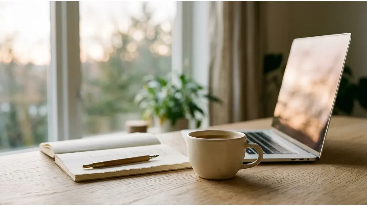 Bureau de travail au petit matin avec une tasse de cafe, un carnet et un ordinateur portable