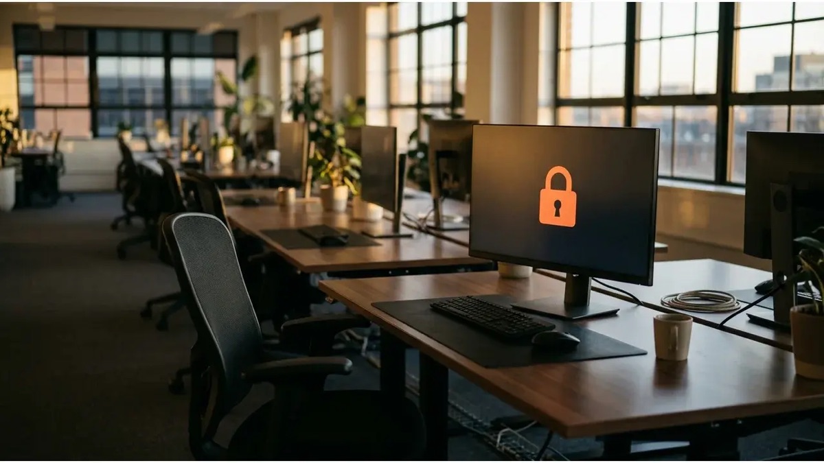 Poste de travail vide en open space avec un ecran verrouille affichant un cadenas orange
