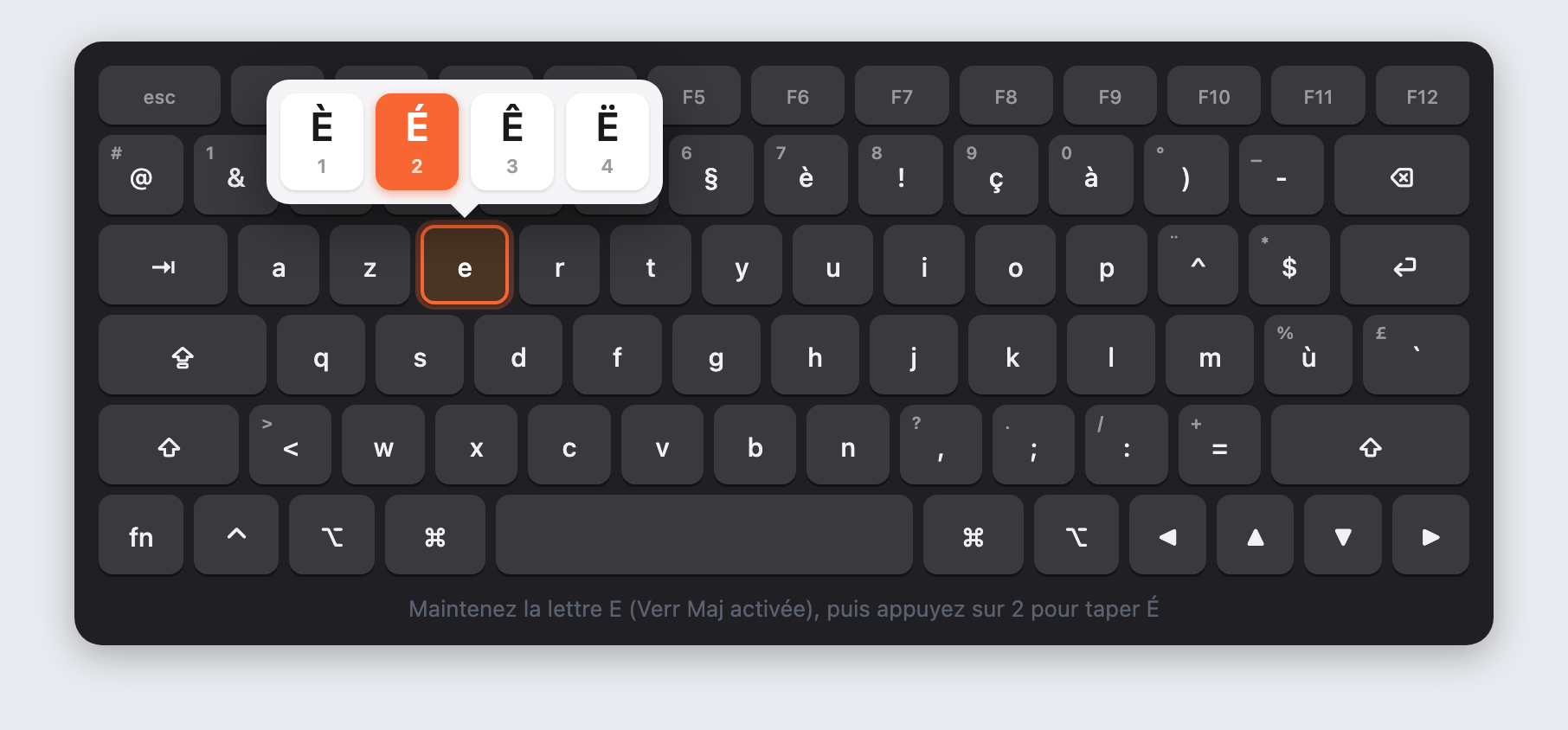 Clavier AZERTY Mac : maintien de la touche E affichant le menu d'accents majuscules È É Ê Ë numéroté, É sélectionné en orange