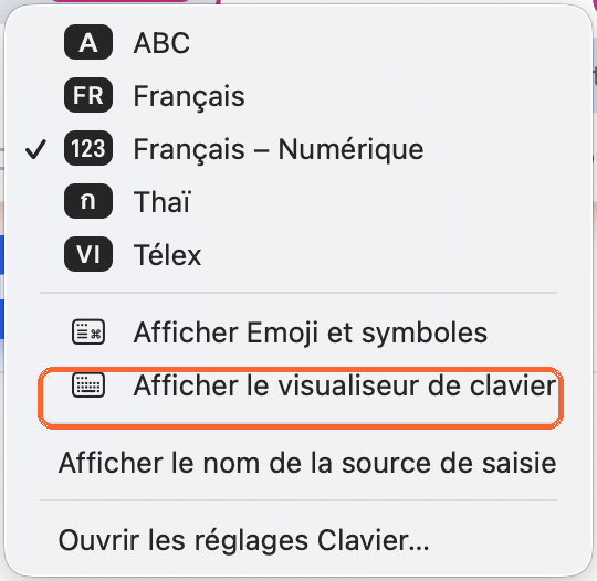 Menu de saisie de la barre des menus macOS ouvert : l entree Afficher le visualiseur de clavier surlignee en orange
