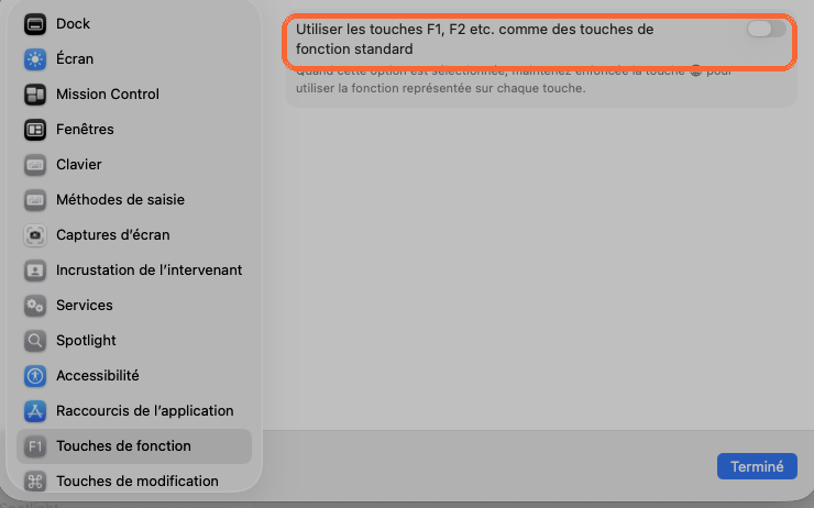 Reglages clavier Mac : Raccourcis clavier, Touches de fonction, option Utiliser les touches F1 F2 comme touches de fonction standard