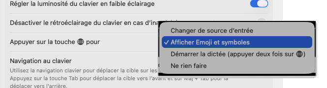 Reglages Systeme Clavier sur Mac : le menu Appuyer sur la touche globe pour, ouvert (Emoji, changer de source, dictee, ne rien faire)