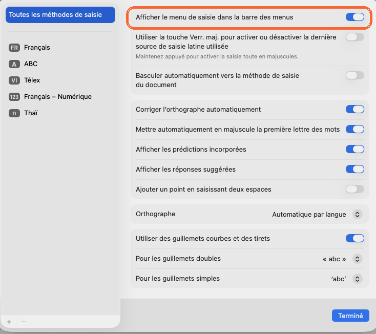 Fenetre Modifier des methodes de saisie macOS : l option Afficher le menu de saisie dans la barre des menus surlignee en orange
