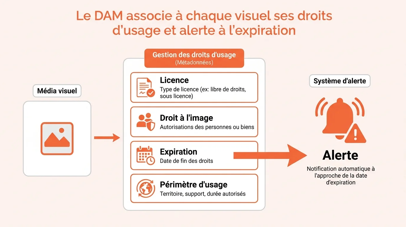 Le DAM associe à chaque visuel ses droits d'usage et alerte à l'expiration