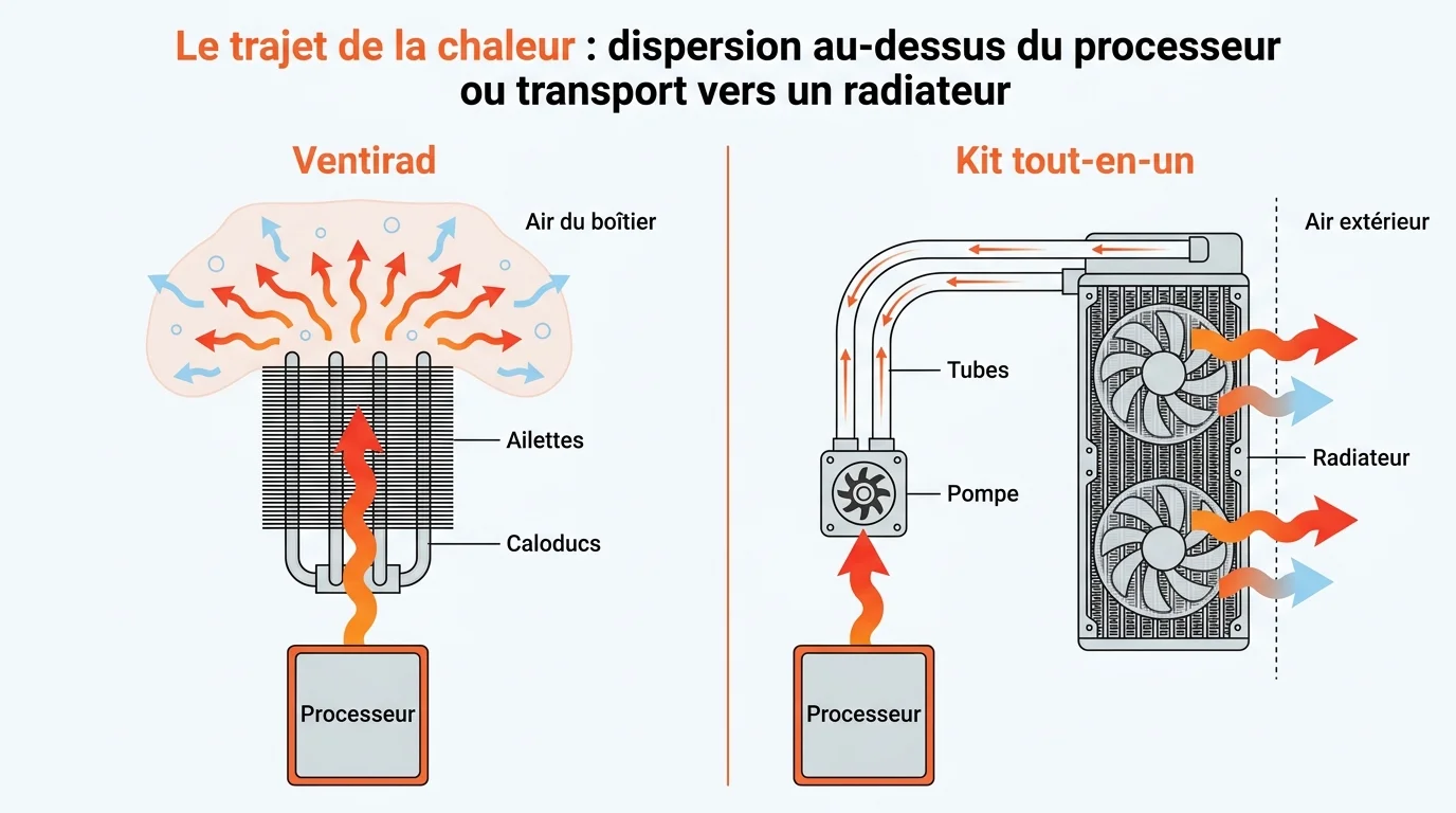Le trajet de la chaleur : dispersion au-dessus du processeur ou transport vers un radiateur