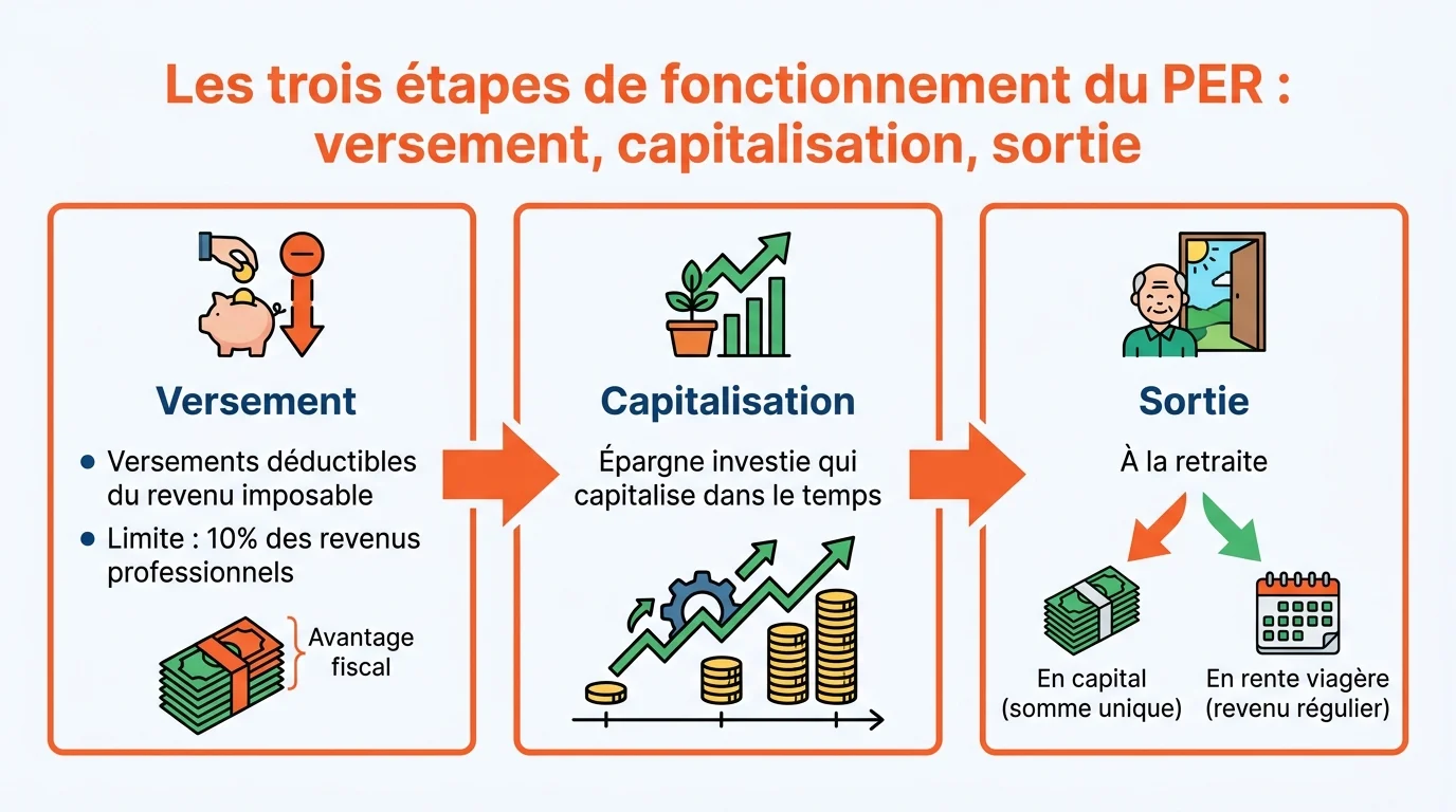 Les trois etapes de fonctionnement du PER : versement, capitalisation, sortie