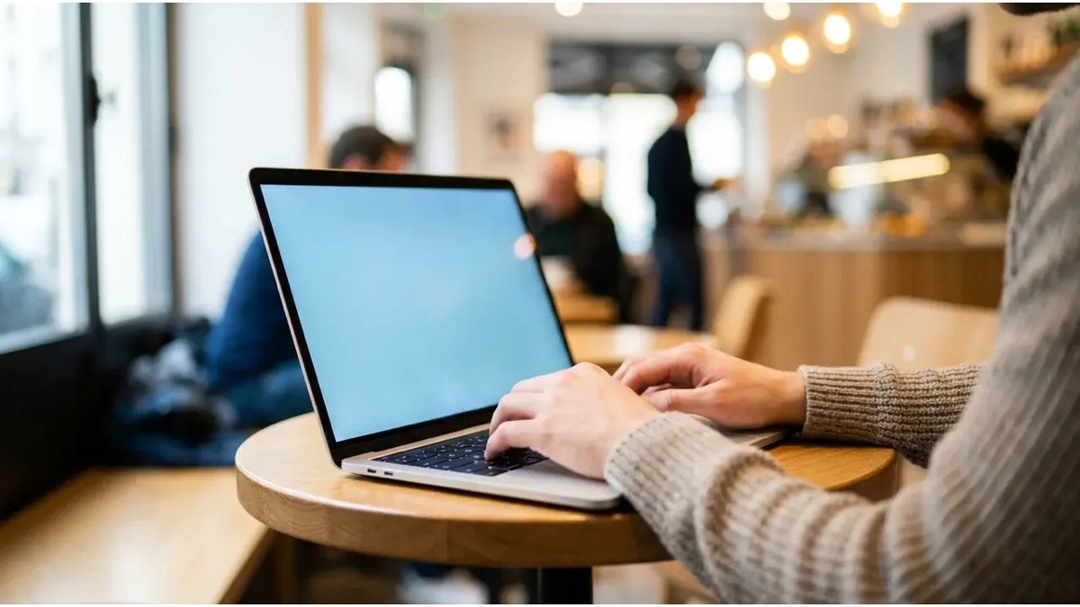 Personne travaillant sur un ordinateur portable pose sur une table de cafe